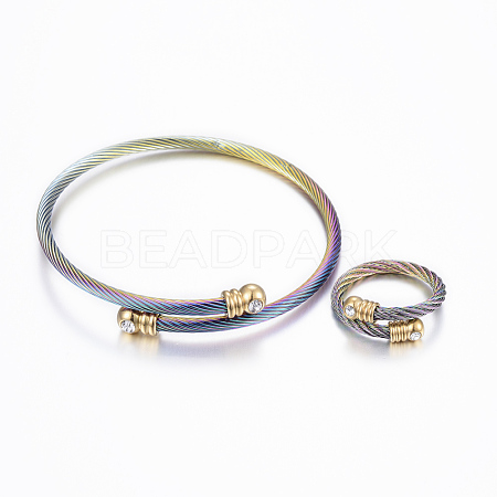 Trendy 304 Stainless Steel Torque Bangles & Rings Sets X-SJEW-H073-12A-1