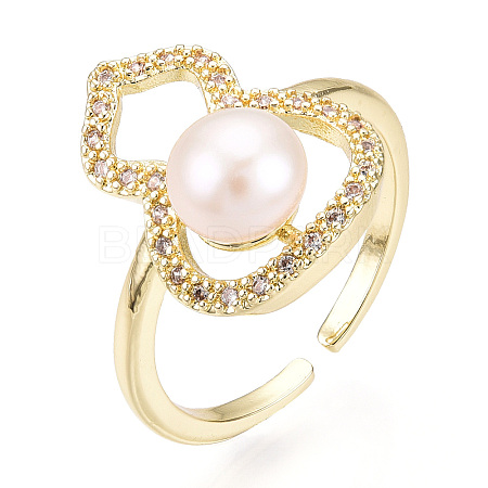 Natural Pearl Finger Open Cuff  Ring Micro Pave Clear Cubic Zirconia PEAR-N022-C04-1