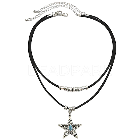 1 Set Alloy Pave Synthetic Turquoise Pendant Double Layer Cord Necklaces NJEW-CL0001-09B-1