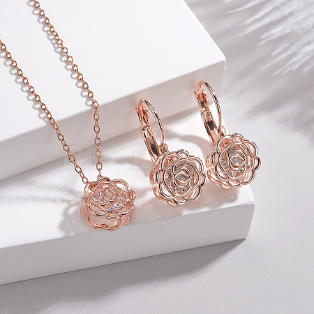 Hollow Rose Metal Cubic Zirconia Pendants Necklaces and Earrings Sets for Women FS-WG5C958-01-1