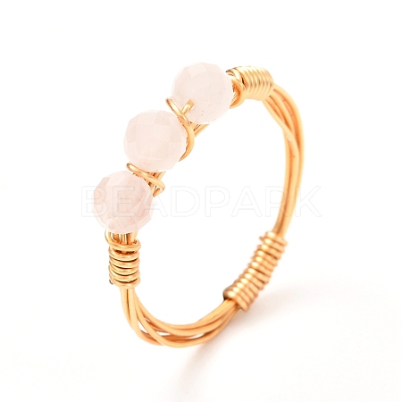 Copper Wire Wrapped Natural Rose Quartz Braided Bead Rings for Women RJEW-JR00393-01-1