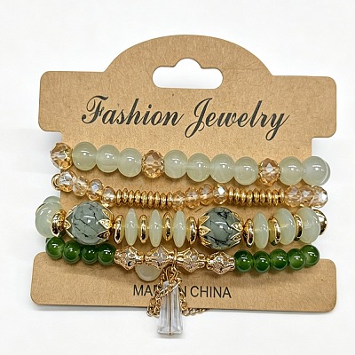 4Pcs 4 Styles Bohemian Style Alloy Glass Round Beaded Stretch Bracelets FS-WG80D8B-08-1