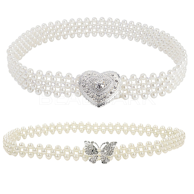 2Pcs 2 Style ABS Plastic Pearl Braided Stretch Chain Belts with Alloy Oval Clasp AJEW-CP0001-66-1
