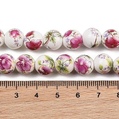 Handmade Flower Printed Porcelain Ceramic Beads Strands PORC-M007-10mm-17-1