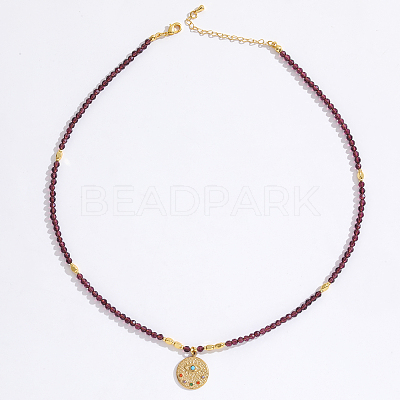 Stainless Steel Evil Eye Pendant Faceted Round Natural Garnet Beaded Necklaces for Women Ion Plating(IP) JF6983-3-1