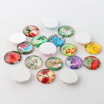 Flower Printed Glass Cabochons GGLA-A002-25mm-BB-1