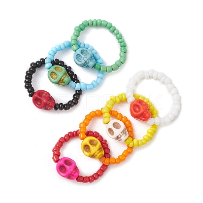 7Pcs Glass Seed & Dyed Synthetic Turquoise Finger Rings for Women RJEW-TA00209-1