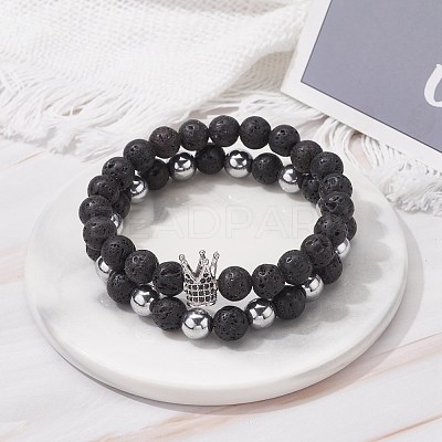 Natural Lava Rock & Non-magnetic Synthetic Hematite Round Beads Energy Power Stretch Bracelets Sett BJEW-JB07051-02-1