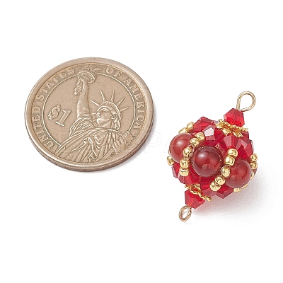 Natural Carnelian(Dyed & Heated) Round and Glass Seed Beaded Lantern Links Connector Charms PALLOY-MZ01176-03-1