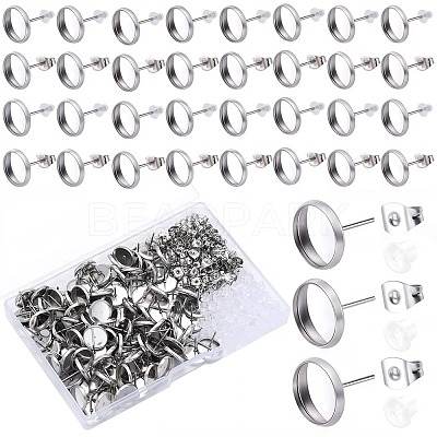 100Pcs Flat Round Stainless Steel Stud Earring Settings STAS-SP0001-61C-P-1