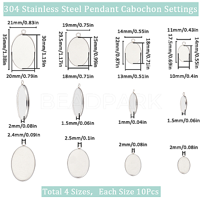 40Pcs 4 Styles 304 Stainless Steel Pendant Cabochon Settings STAS-SC0006-18-1