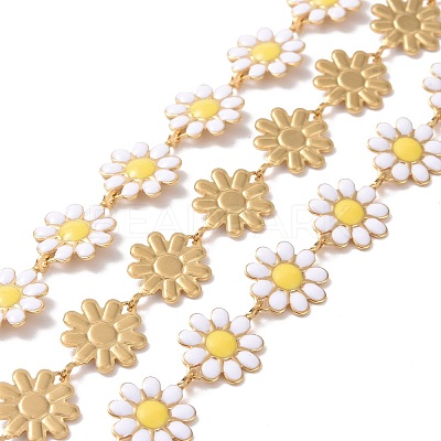 Ion Plating(IP) 304 Stainless Steel Daisy Flower Link Chains with Enamel AJEW-J035-03G-09-1