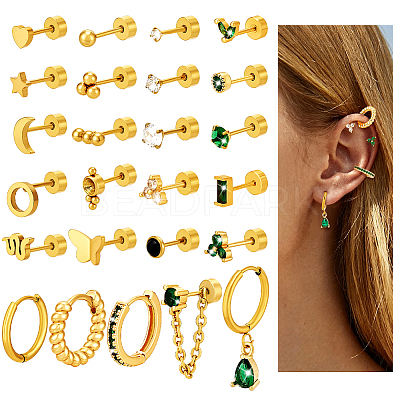 25Pcs Stainless Steel Pave Green and Clear Cubic Zirconia Cartilage Earring Sets EJEW-PH0001-53-1