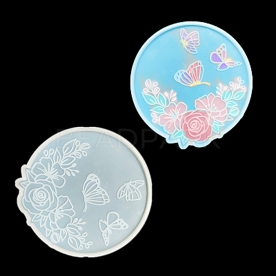 Flat Round with Flower & Butterfly Cup Mat Silicone Molds DIY-M034-29-1