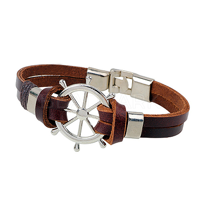 Helm Alloy Leather Cord Link Bracelets BJEW-P0001-13-1