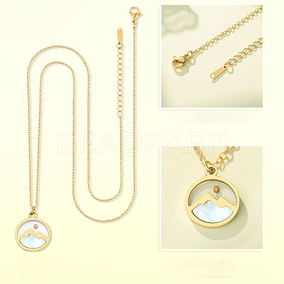 Flat Round 201 Stainless Steel Pave Natural Shell Mustard Seed Pendant Necklaces for Women WG511AE-05-1
