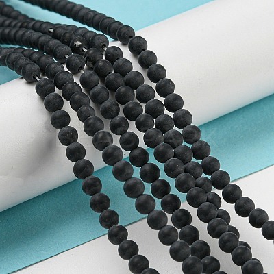 Grade A Round Frosted Natural Black Agate Beads Strands X-G447-2-1