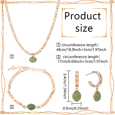 18K Real Gold Plated Natural Green Aventurine Oval Pendant Necklaces & Stud Earrings & Link Bracelet SJEW-AN0001-51-1