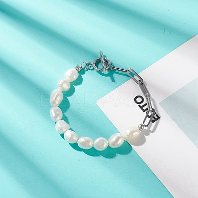 Natural Baroque Pearl Beaded Necklace & Bracelet with 304 Stainless Steel Paperclip Chains SJEW-JS01262-1