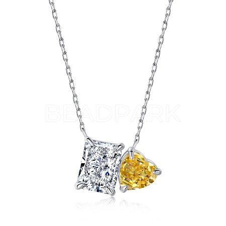 Rectangle & Heart Rhodium Plated 925 Sterling Silver Pave 8A Clear & Gold Cubic Zirconia Pendant Cable Chain Necklaces for Women NJEW-F330-02P-1