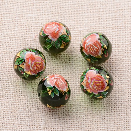 Flower Picture Printed Glass Round Beads GLAA-J088-12mm-A16-1
