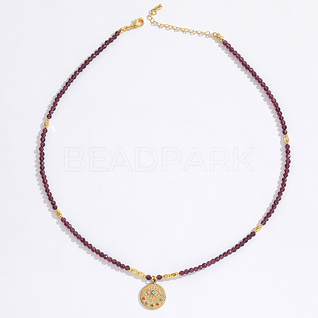 Stainless Steel Evil Eye Pendant Faceted Round Natural Garnet Beaded Necklaces for Women Ion Plating(IP) JF6983-3-1