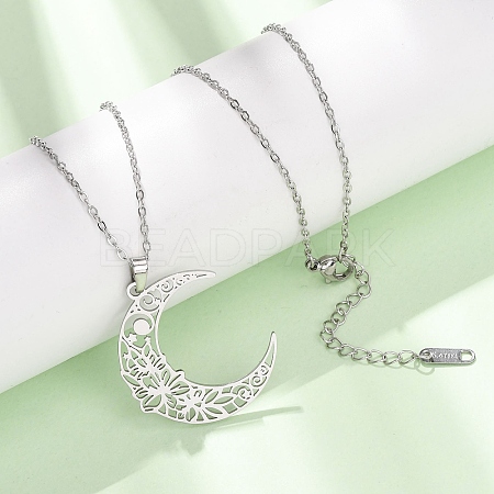 304 Stainless Steel Hollow Flower Moon Pendant Cable Chain Necklaces for Men Women NJEW-K308-01A-P-1