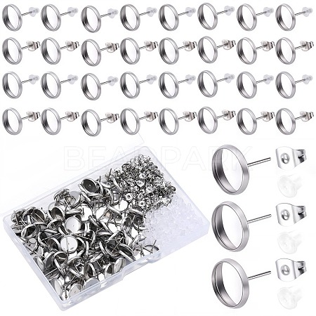 100Pcs Flat Round Stainless Steel Stud Earring Settings STAS-SP0001-61C-P-1