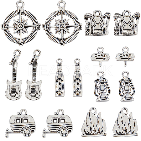64Pcs 8 Style Camping Theme Tibetan Style Alloy Pendants FIND-SC0008-57-1