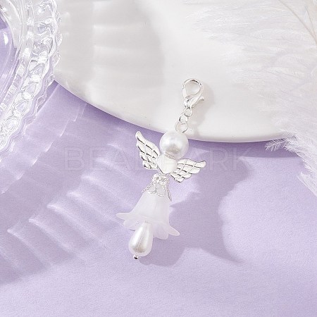 Frosted Acrylic & Glass Pearl Flower Angel Pendant Decorations HJEW-JM03490-01-1