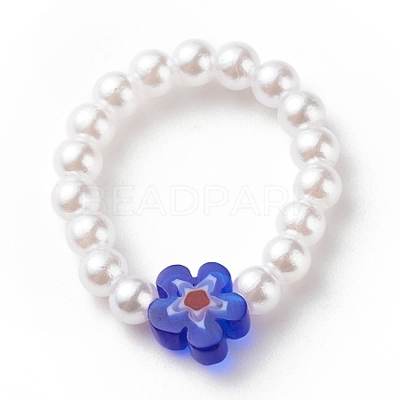 Plastic Imitation Pearl & Millefiori Glass Beaded Finger Ring for Women RJEW-JR00484-1