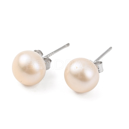 Natural Pearl Round Bead Stud Earrings EJEW-E298-01D-02P-1
