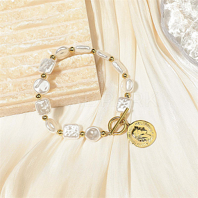 Natural Pearl Rectangle & Flat Round Beaded Bracelet with Stainless Steel Coin Charms SX4591-2-1
