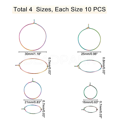 40Pcs 4 Colors PVD Vacuum Plating 316L Surgical Stainless Steel Hoop Earring Findings STAS-PH0001-60M-1