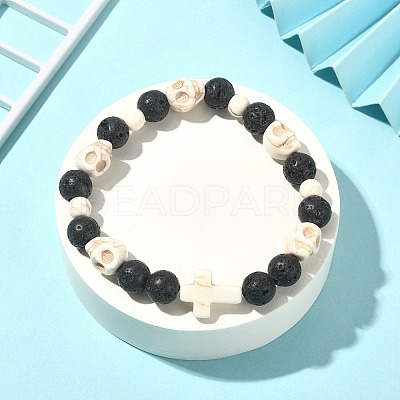 Dyed Natural & Synthetic Mixed Gemstone Skull & Cross Beaded Stretch Bracelets BJEW-TA00272-01-1