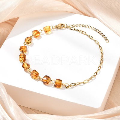 Natural Amber Cube Beads Link Chain & 304 Stainless Steel Paperclip Chain Anklets for Women AJEW-AN00790-1