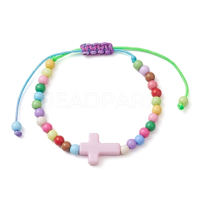Cross & Round Acrylic Braided Bead Bracelets BJEW-JB10239-01-1