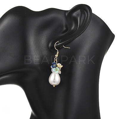 Teardrop Electroplate Shell Pearl & Resin Flower Dangle Earrings EJEW-JE07167-1