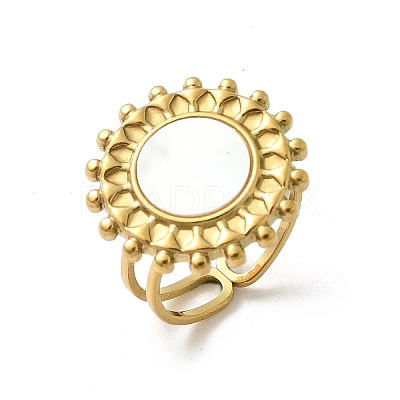 Flat Round 304 Stainless Steel White Shell Finger Rings for Women RJEW-G346-08G-02-1