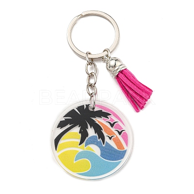 Acrylic Flat Round with Suede Tassel Pendant Keychain KEYC-G060-01E-1