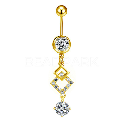 304 Stainless Steel Pave Clear Cubic Zirconia Curved Barbell Rhombus Dangle Belly Rings FS-WGF29F0-08-1