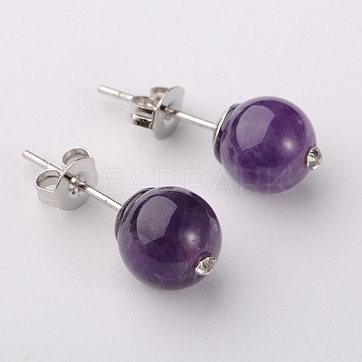 Gemstone Round Bead Ball Stud Earrings EJEW-JE01165-03-1