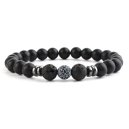 Round Natural Crakled Black Agate Beaded Stretch Bracelets for Women Men LS-XP2963-5-1