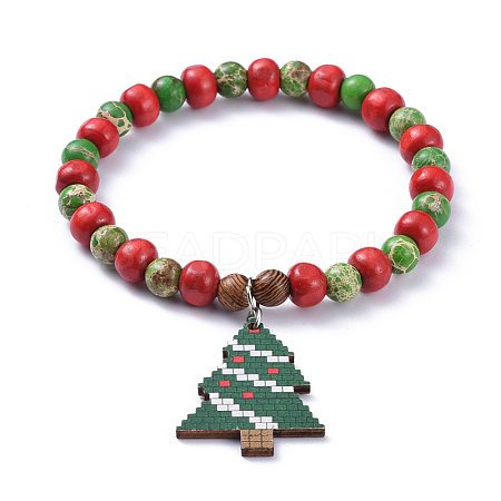 Christmas Trees Printed Basswood Charm Stretch Bracelets BJEW-JB04496-01-1