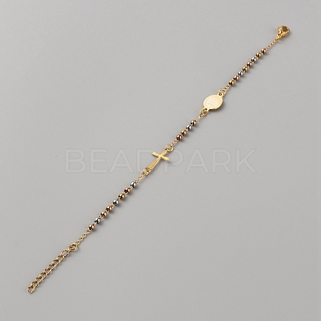 304 Stainless Steel Jesus & Cross Link Bracelet with 201 Stainless Steel Beaded Chains LS-BJEW-WH0012-20A-1