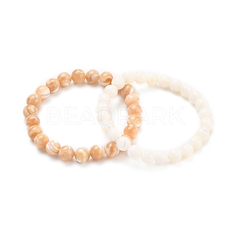 Round Natural Sea Shell Beaded Stretch Bracelets Sets BJEW-JB05598-1
