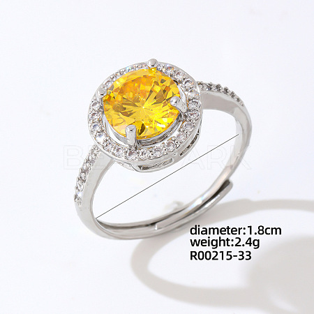 Flat Round Platinum Brass Adjustable Ring with Yellow Cubic Zirconia EG7863-27-1