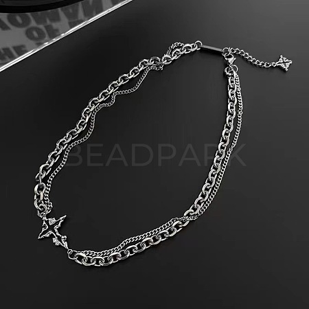 Gothic Style 304 Stainless Steel Black Enamel Link Double Layer Necklaces for Men FS-WG470F1-04-1