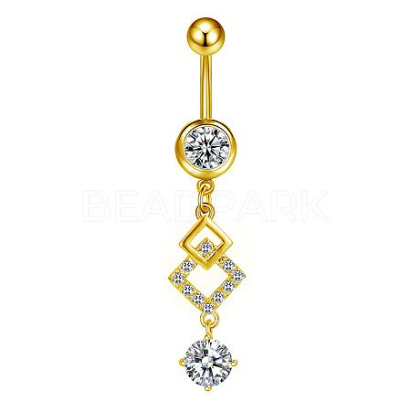 304 Stainless Steel Pave Clear Cubic Zirconia Curved Barbell Rhombus Dangle Belly Rings FS-WGF29F0-08-1