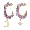 Moon & Star Natural Mixed Gemstone Chip Dangle Half Hoop Earrings EJEW-JE05900-4